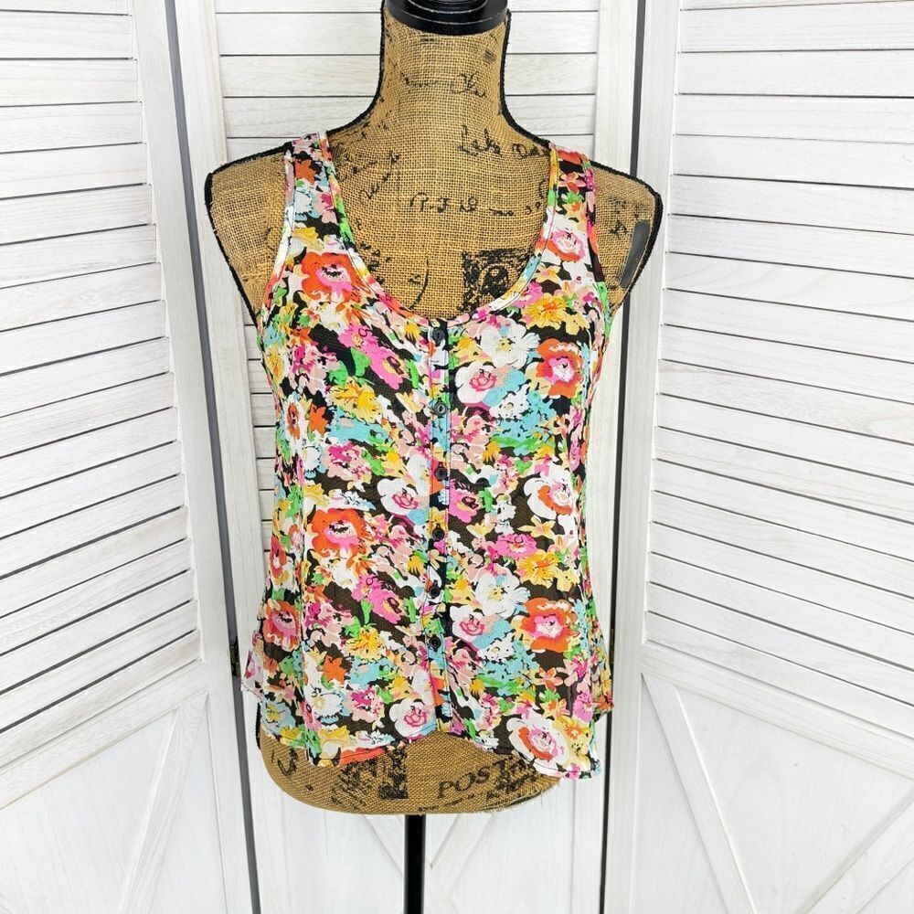 Ambiance Apparel Sheer Chiffon Floral Button Front Tank Top Small
